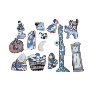 Wooden Mother Goose Storybook Mini Figures Folk Art Nursery Rhyme Set Playtime